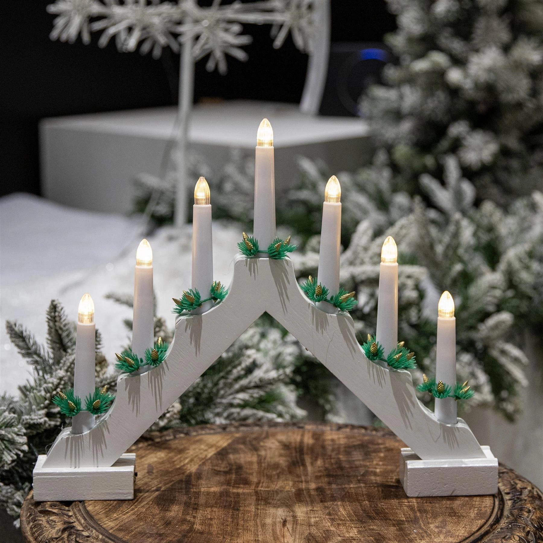 Christmas Decor Window Home Wooden LED Candle Bridge White Warm Lights