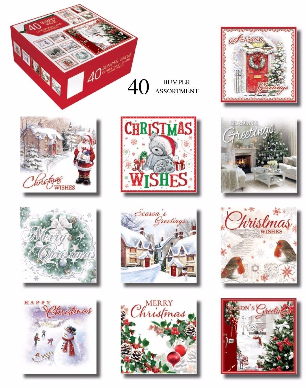 Christmas Cards - Bumper Box 40 Assorted Xmas Cards - 10 Designs Cute Cards