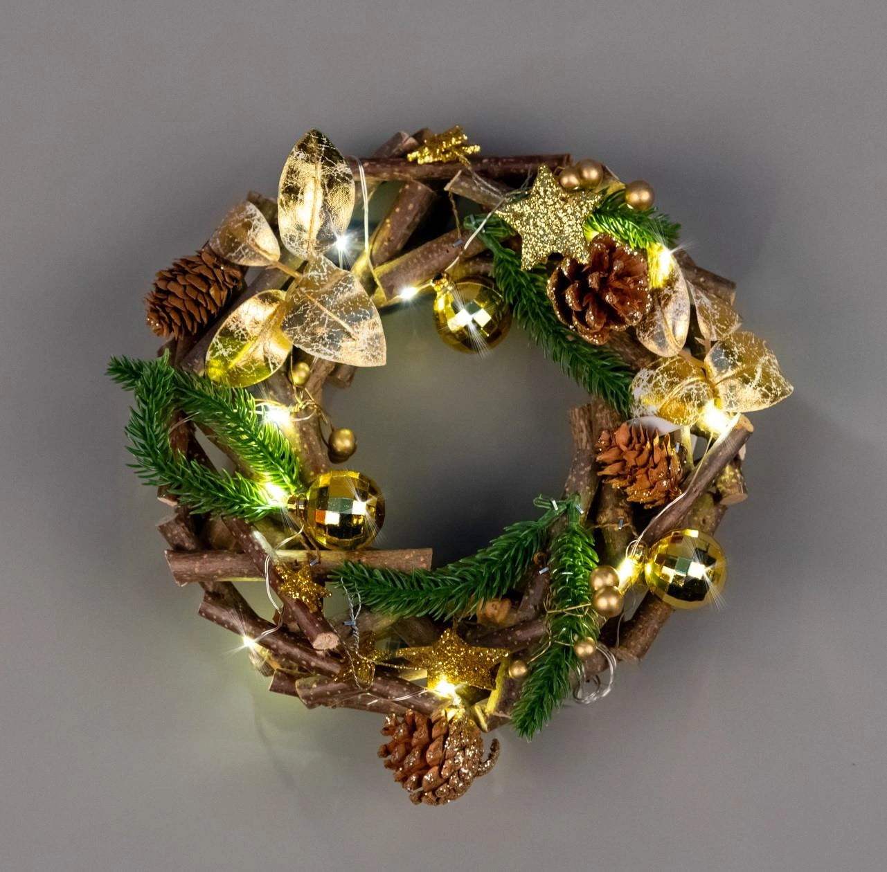 22cm Christmas Wreath Prelit Gold Bauble LED Wooden Twig Hanging Xmas Home Decor