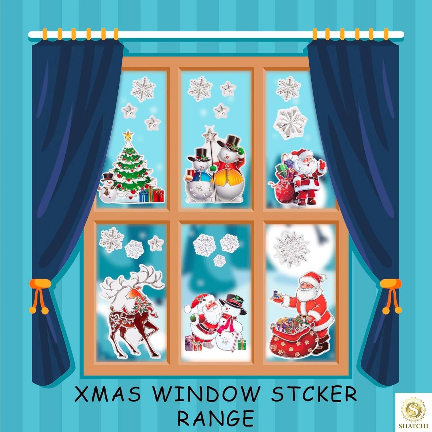 6 Christmas Window Stickers 3D Santa Snowflake Snowman Reusable Decal Wall Decor
