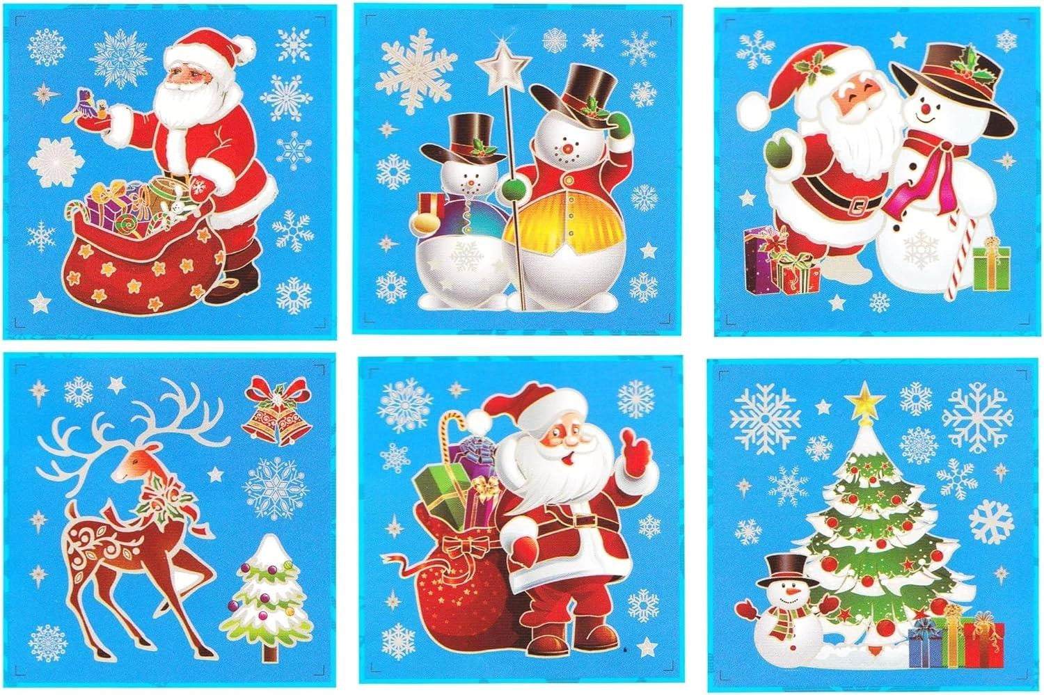 6 Christmas Window Stickers 3D Santa Snowflake Snowman Reusable Decal Wall Decor