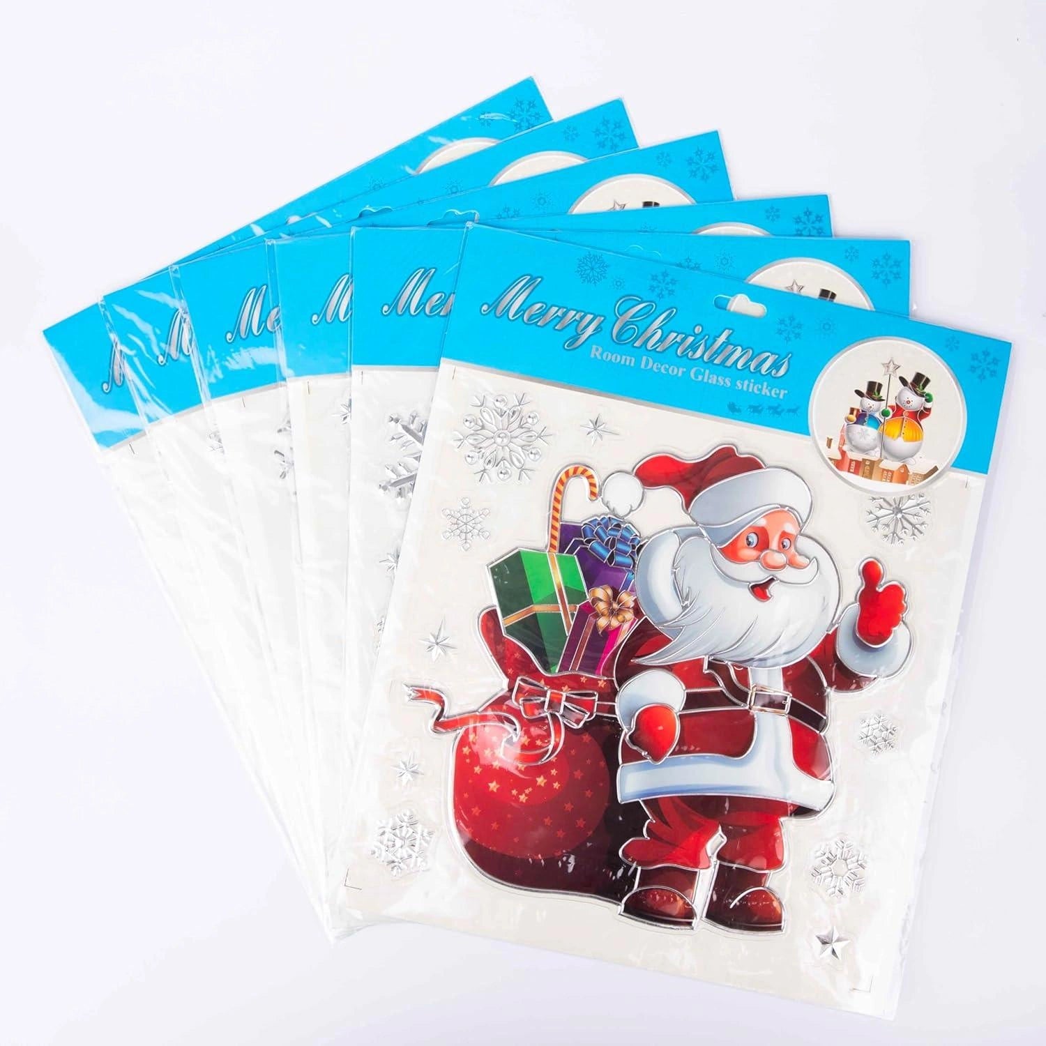 6 Christmas Window Stickers 3D Santa Snowflake Snowman Reusable Decal Wall Decor
