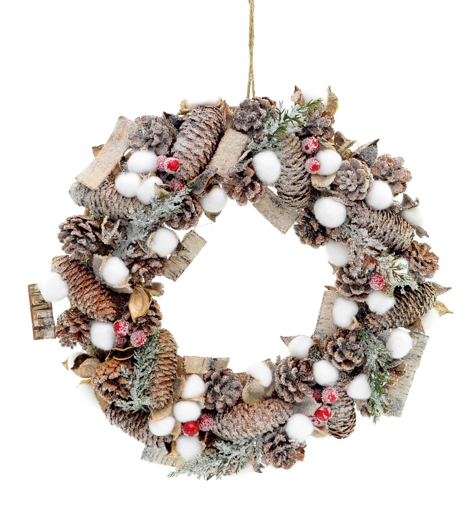 35Cm Christmas Cotton Wreath Frost Tips Pine Cones Berries Vintage Xmas Home Decor