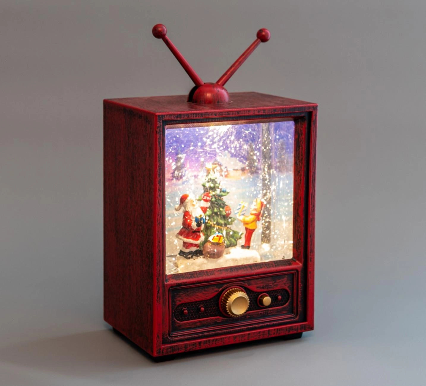 LED Santa Scene Retro TV Snow Globe Musical Water Spinner Xmas Tabletop Decor