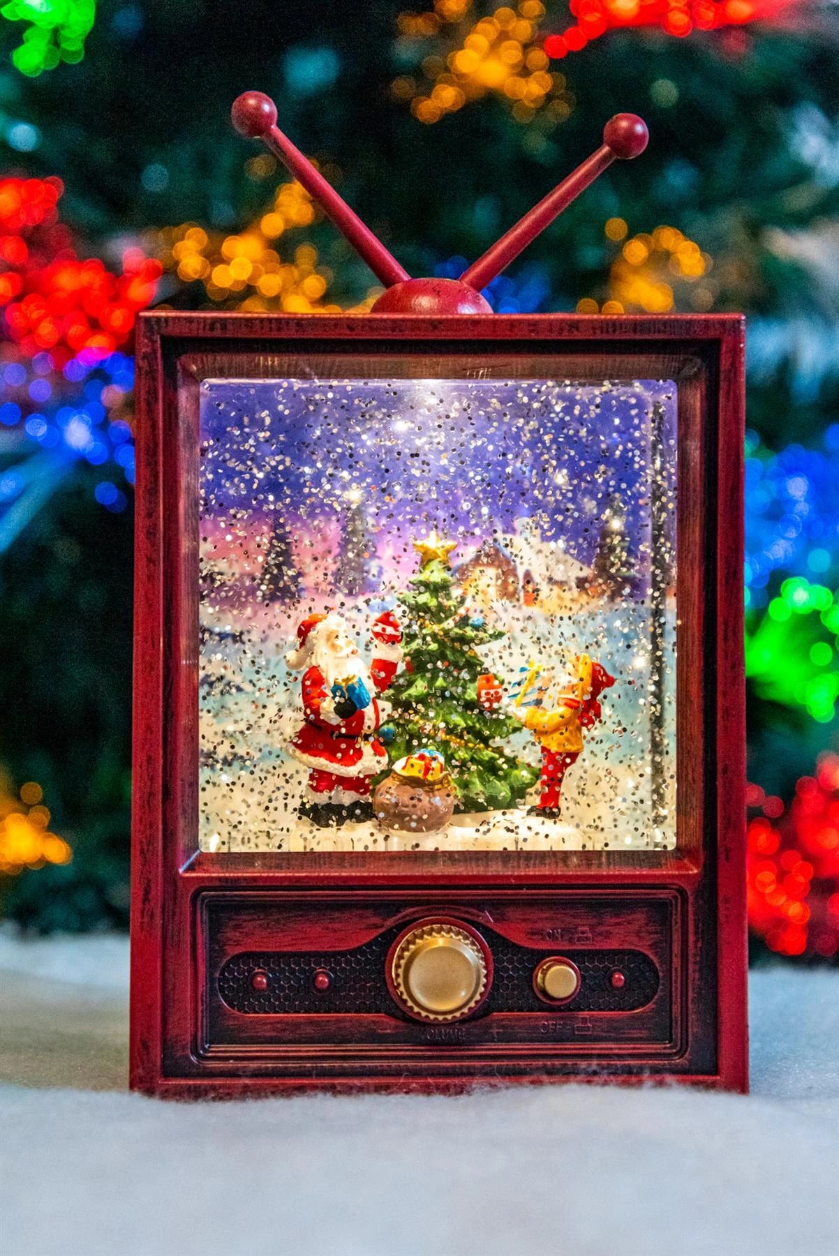 LED Santa Scene Retro TV Snow Globe Musical Water Spinner Xmas Tabletop Decor