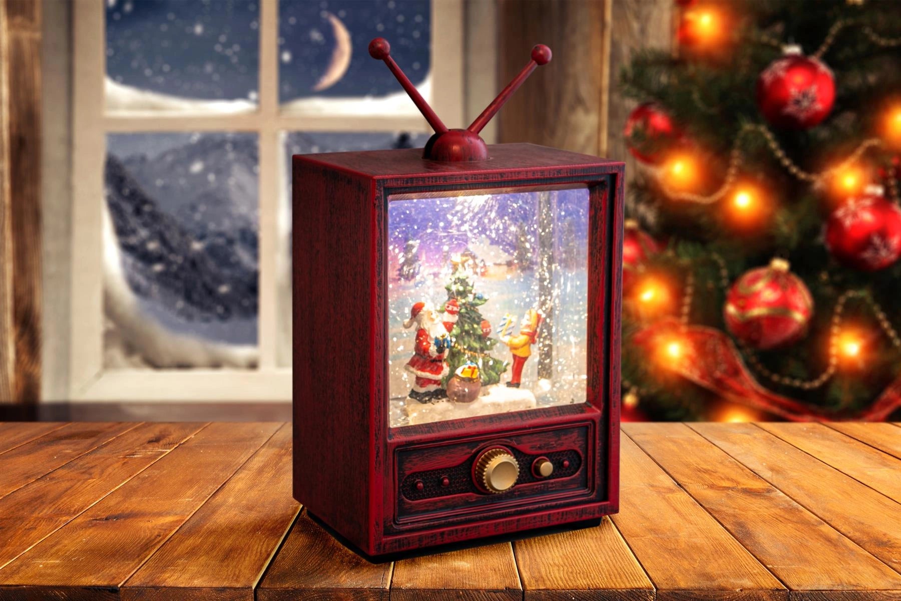 LED Santa Scene Retro TV Snow Globe Musical Water Spinner Xmas Tabletop Decor