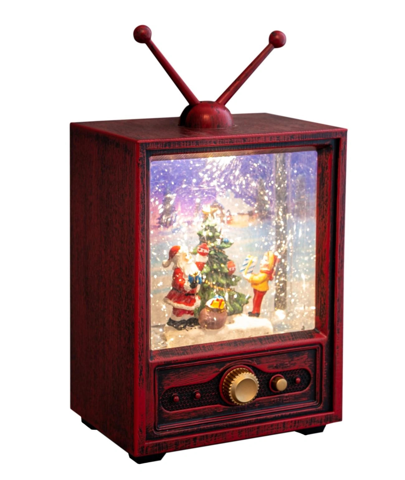 LED Santa Scene Retro TV Snow Globe Musical Water Spinner Xmas Tabletop Decor