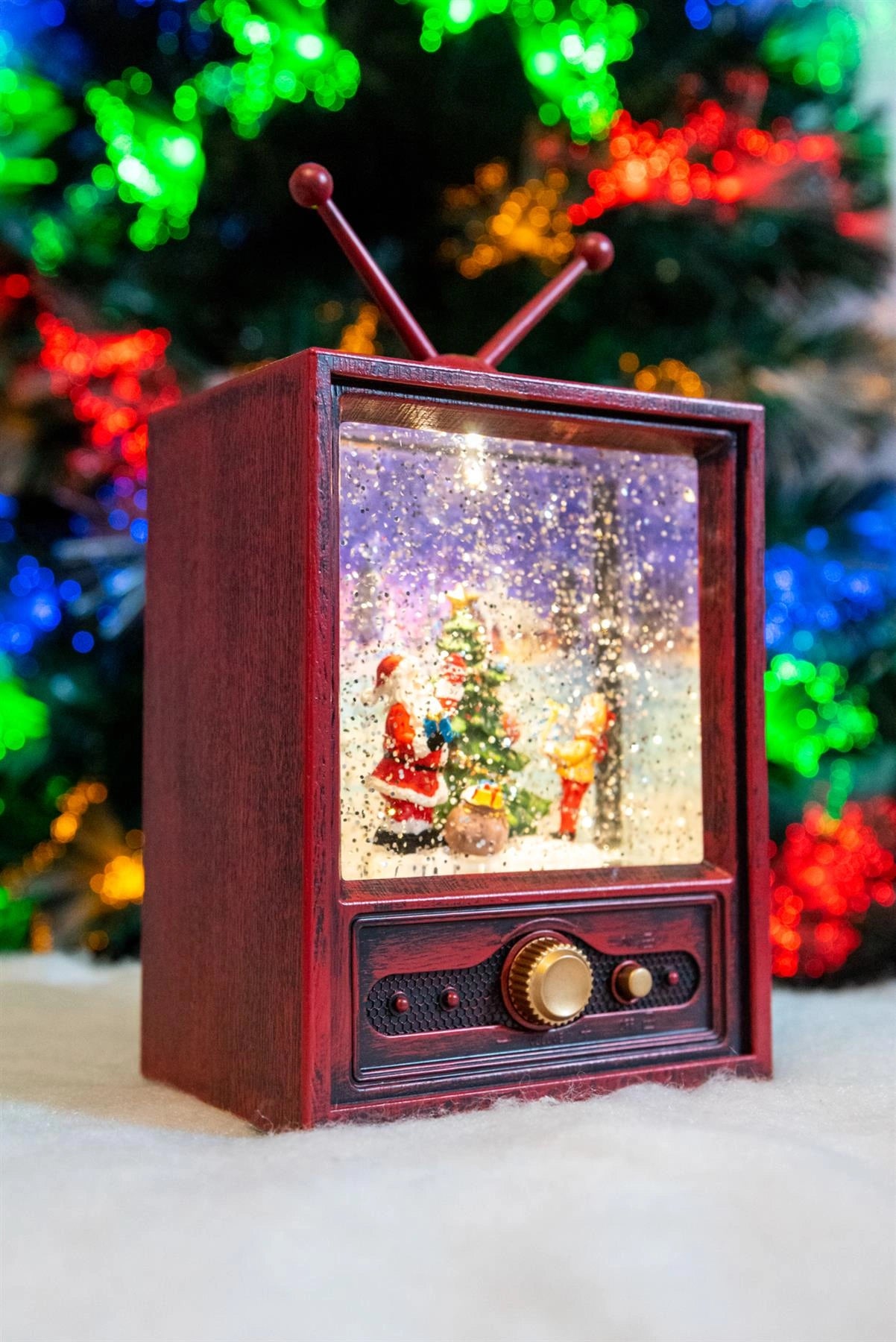 LED Santa Scene Retro TV Snow Globe Musical Water Spinner Xmas Tabletop Decor