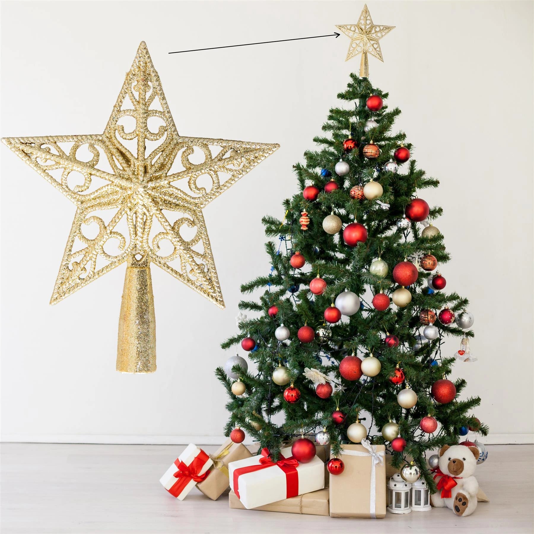 Christmas Star Tree Topper Gold Glitter Crown Xmas Tree Ornaments Decor 14.5cm