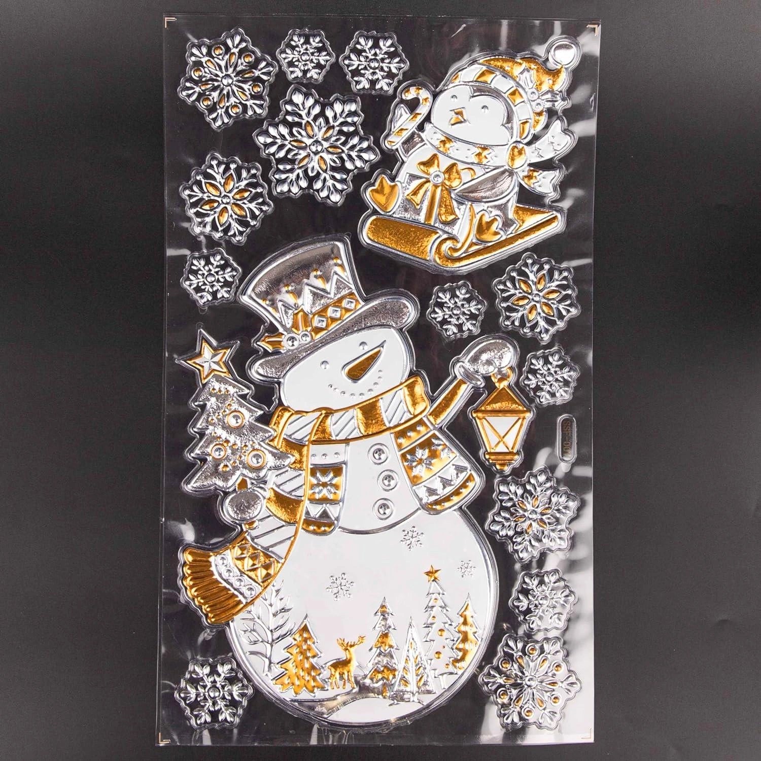 4 Christmas Window Stickers 3D Santa Snowflake Snowman Reusable Decal Xmas Decor