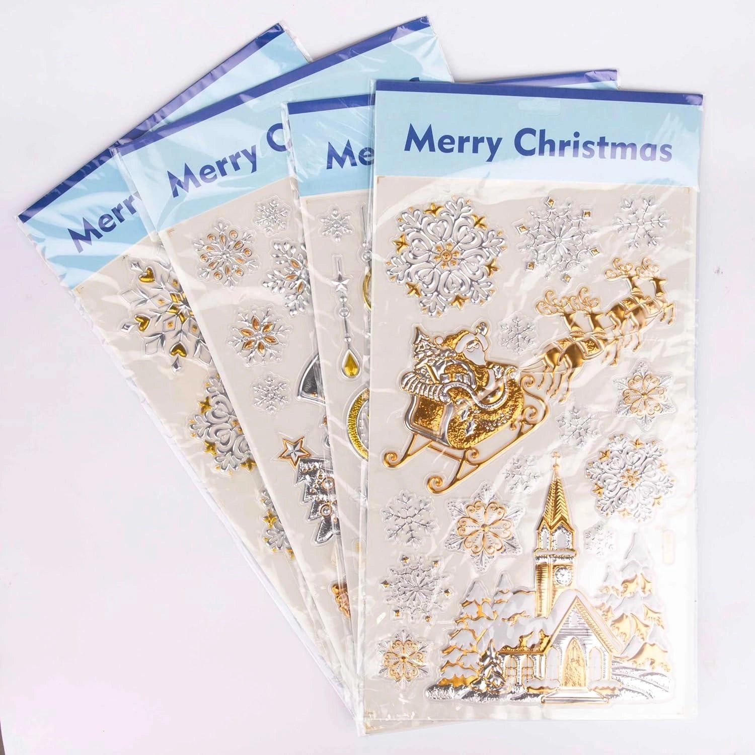 4 Christmas Window Stickers 3D Santa Snowflake Snowman Reusable Decal Xmas Decor