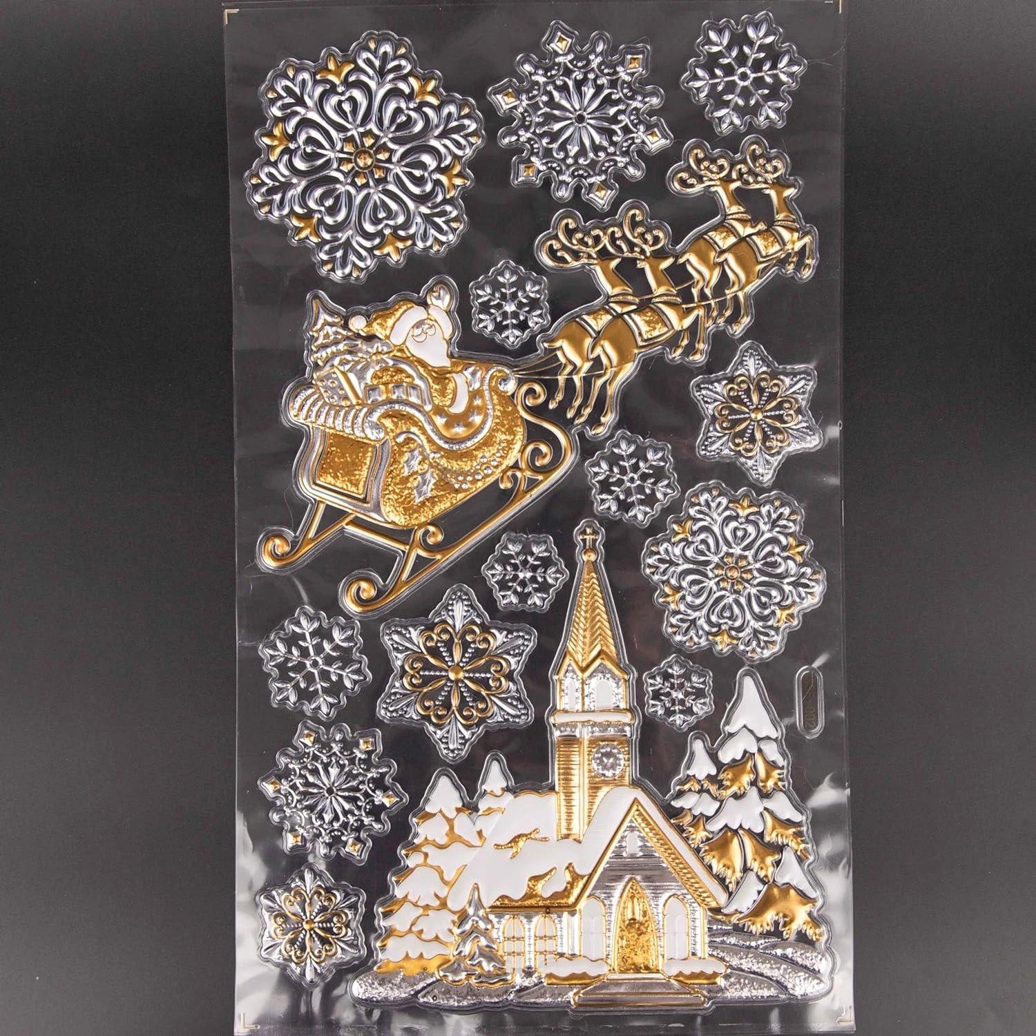 4 Christmas Window Stickers 3D Santa Snowflake Snowman Reusable Decal Xmas Decor