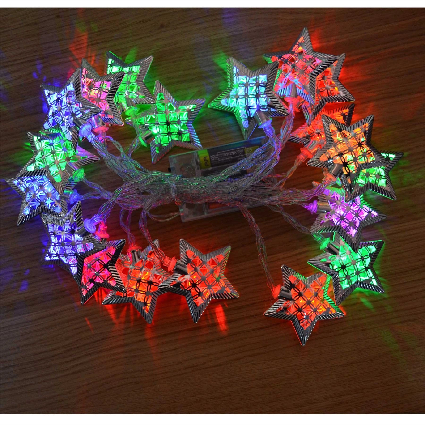 LED Christmas Silver Star Fairy Lights Mix Colour 20 Bulbs Stars Xmas Home Party