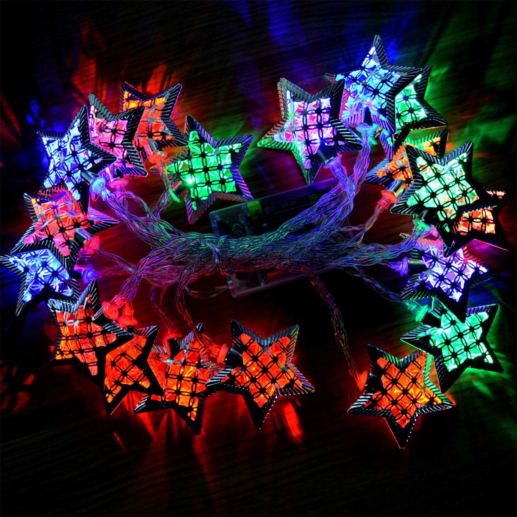 LED Christmas Silver Star Fairy Lights Mix Colour 20 Bulbs Stars Xmas Home Party