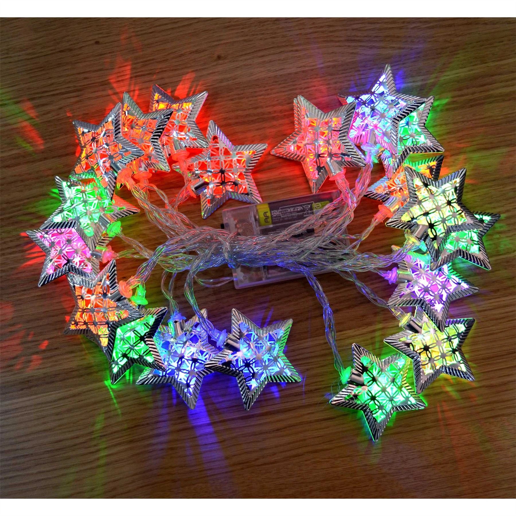 LED Christmas Silver Star Fairy Lights Mix Colour 20 Bulbs Stars Xmas Home Party