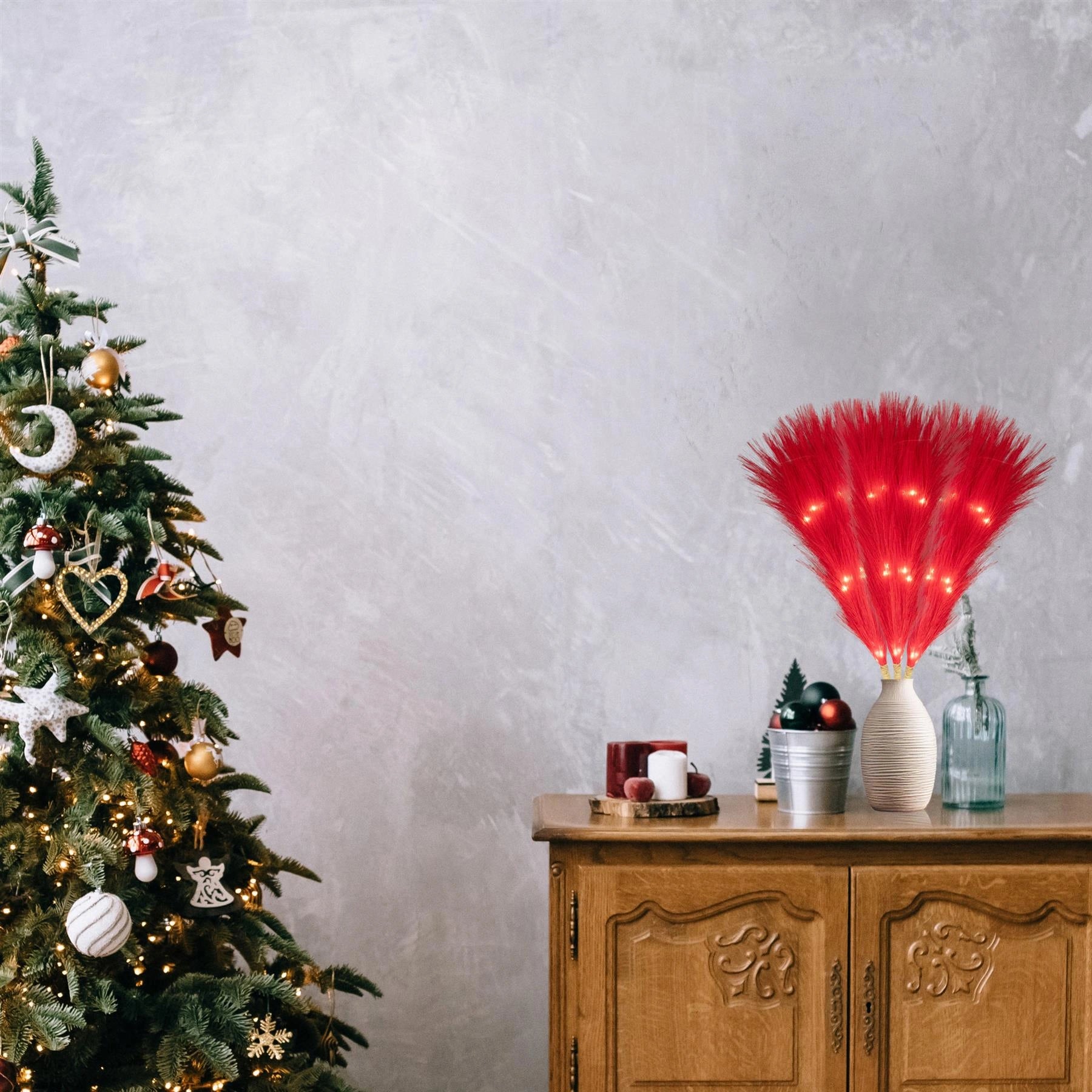 1PC Pampas Grass Stems Feather Christmas Table Decor Pre-Lit LED B/O Red 45cm