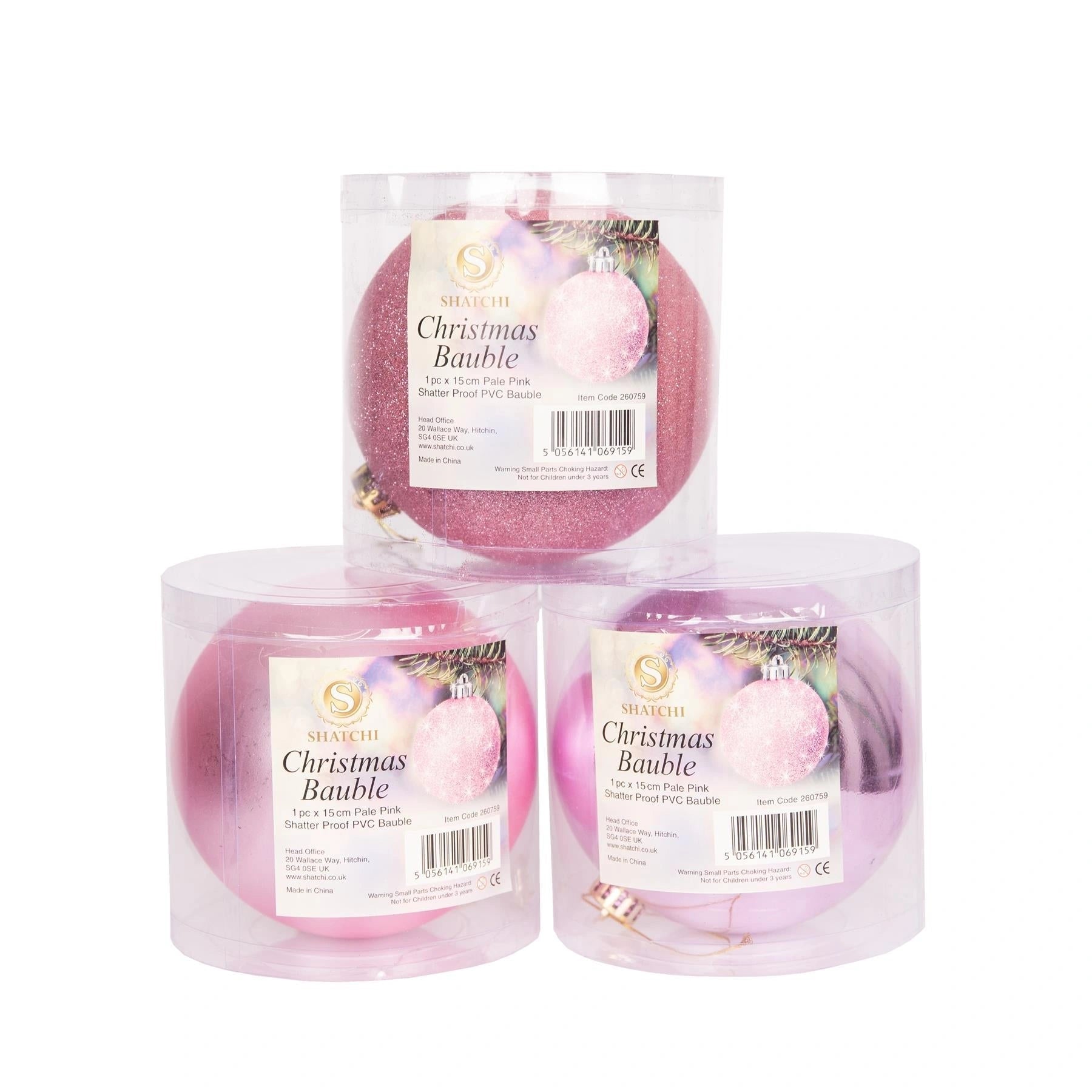 3 Pale Pink Shatterproof Christmas Baubles Decoration Glitter Matte Shiny 15cm