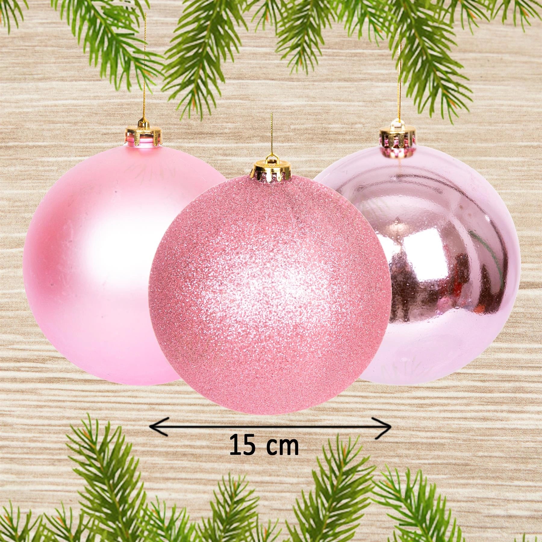 3 Pale Pink Shatterproof Christmas Baubles Decoration Glitter Matte Shiny 15cm