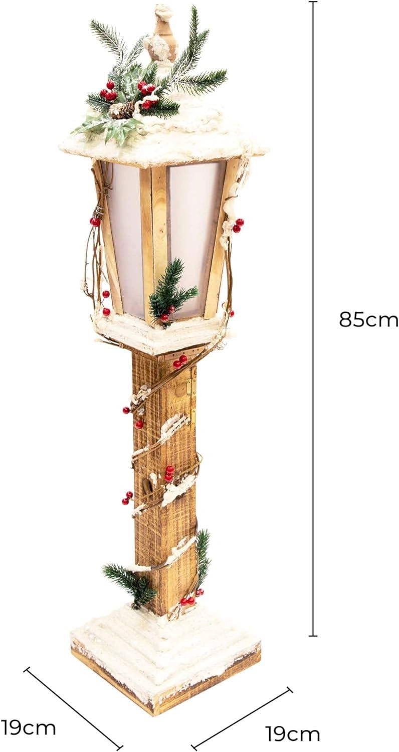 LED Christmas Lamppost Wooden 85cm Rotating Star Snow Covered Xmas Indoor Decor