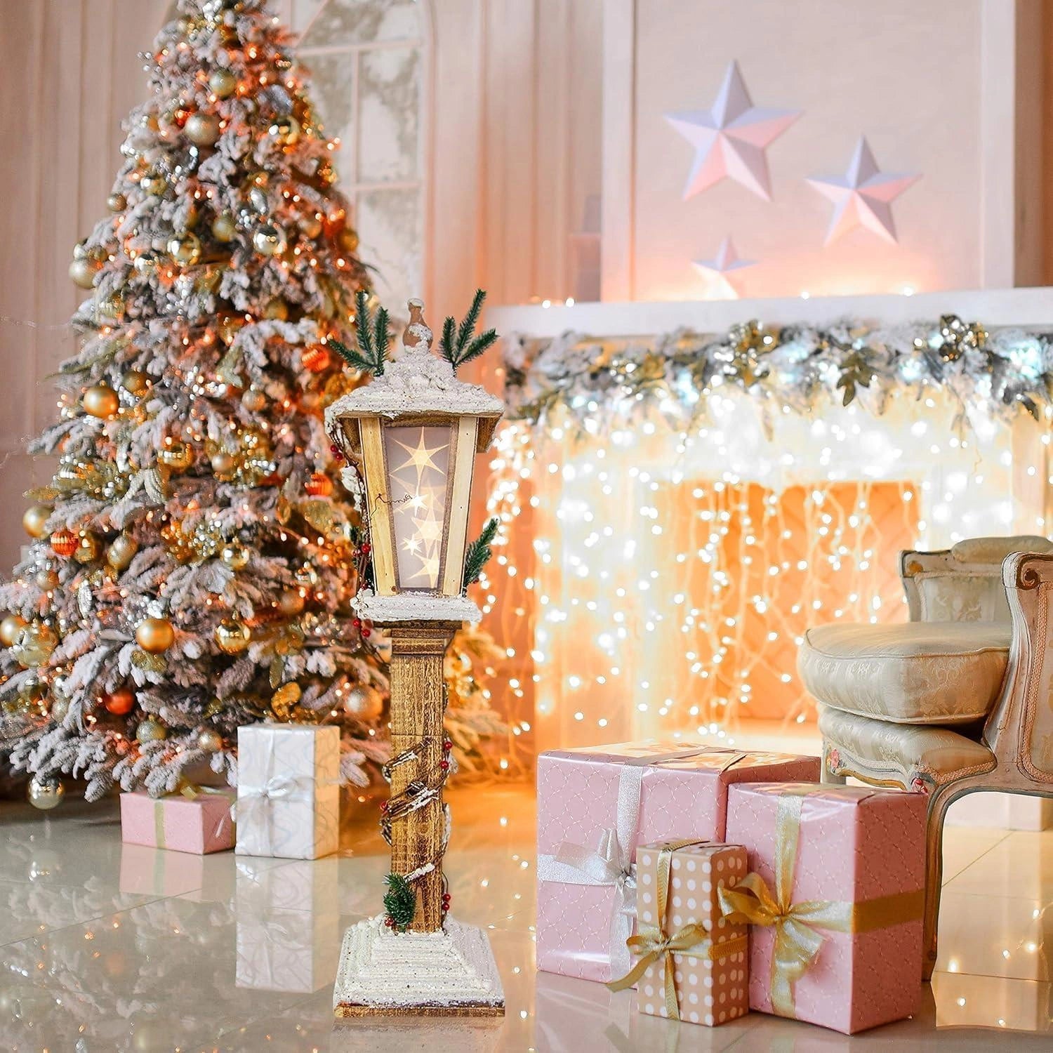 LED Christmas Lamppost Wooden 85cm Rotating Star Snow Covered Xmas Indoor Decor