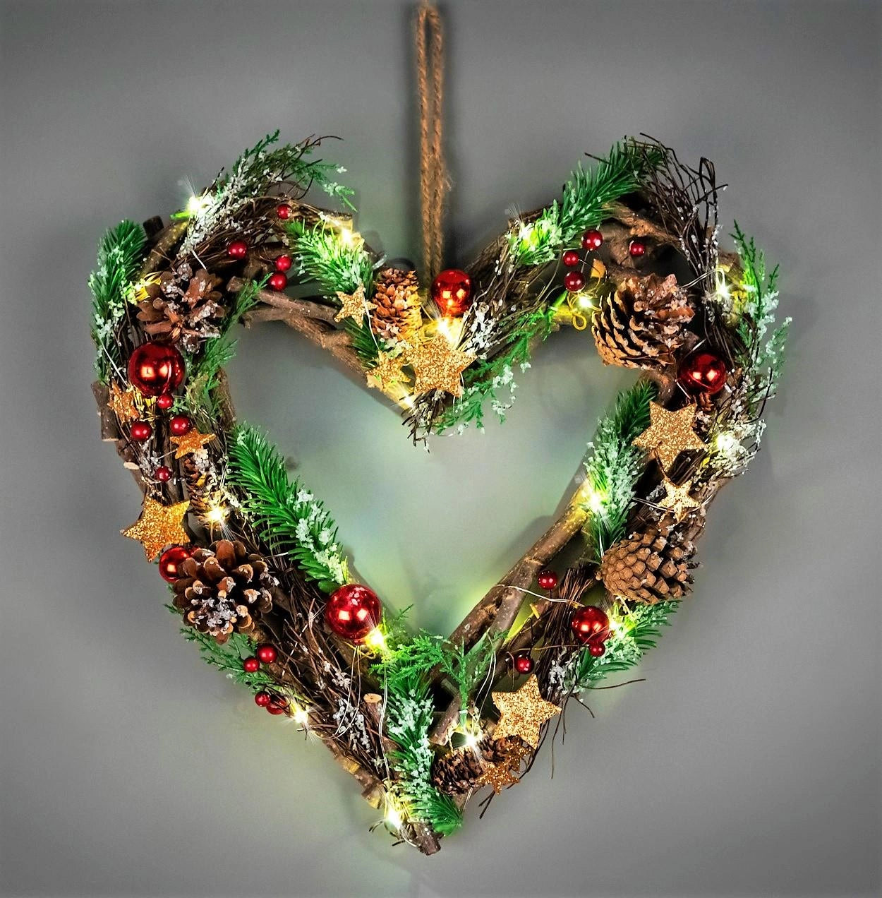 35cm Christmas Wreath Heart LED Red Baubles Stars Wooden Twig Hanging Xmas Decor