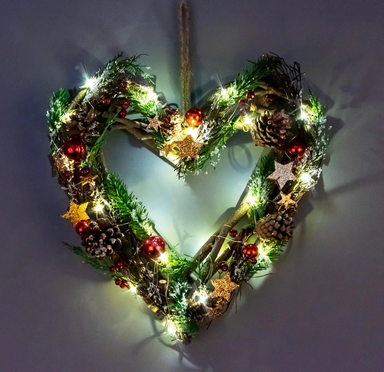 35cm Christmas Wreath Heart LED Red Baubles Stars Wooden Twig Hanging Xmas Decor