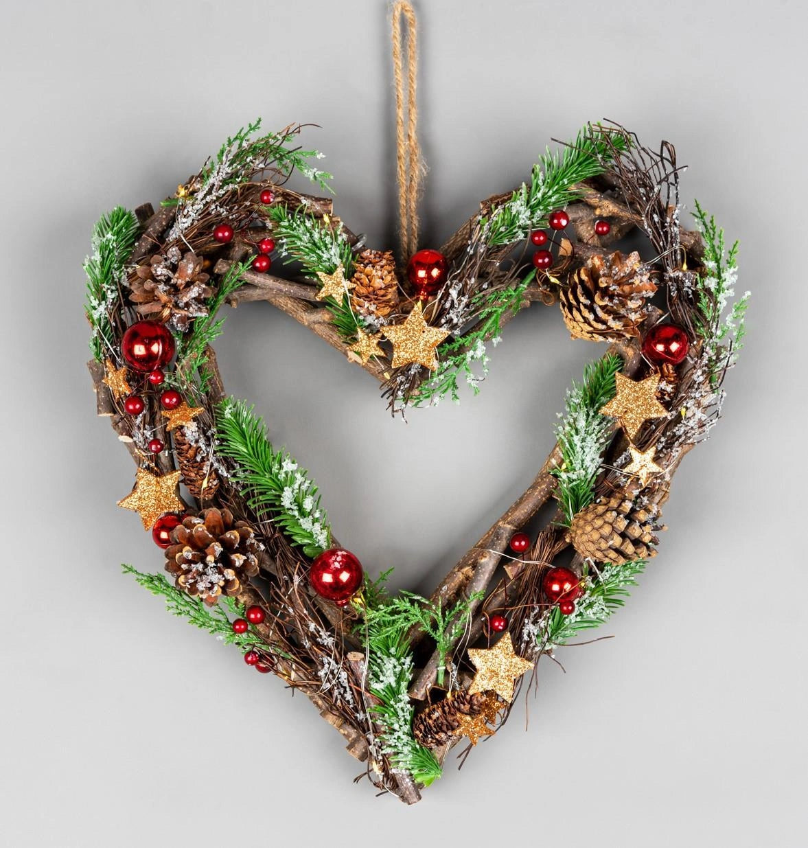 35cm Christmas Wreath Heart LED Red Baubles Stars Wooden Twig Hanging Xmas Decor