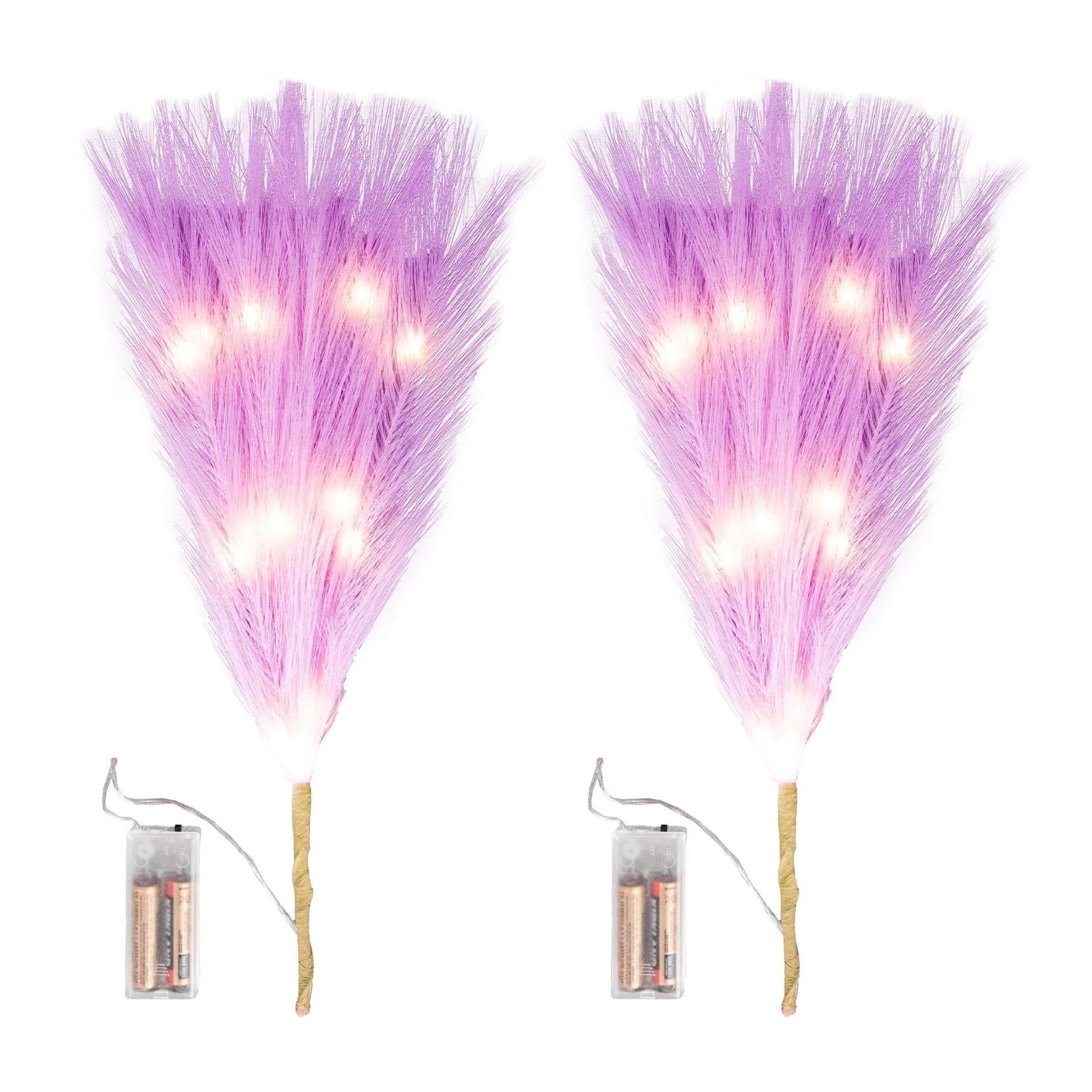 2PC Pre-Lit Pampas Grass Feather Stems LED B/O Purple Christmas Table Decor 45cm