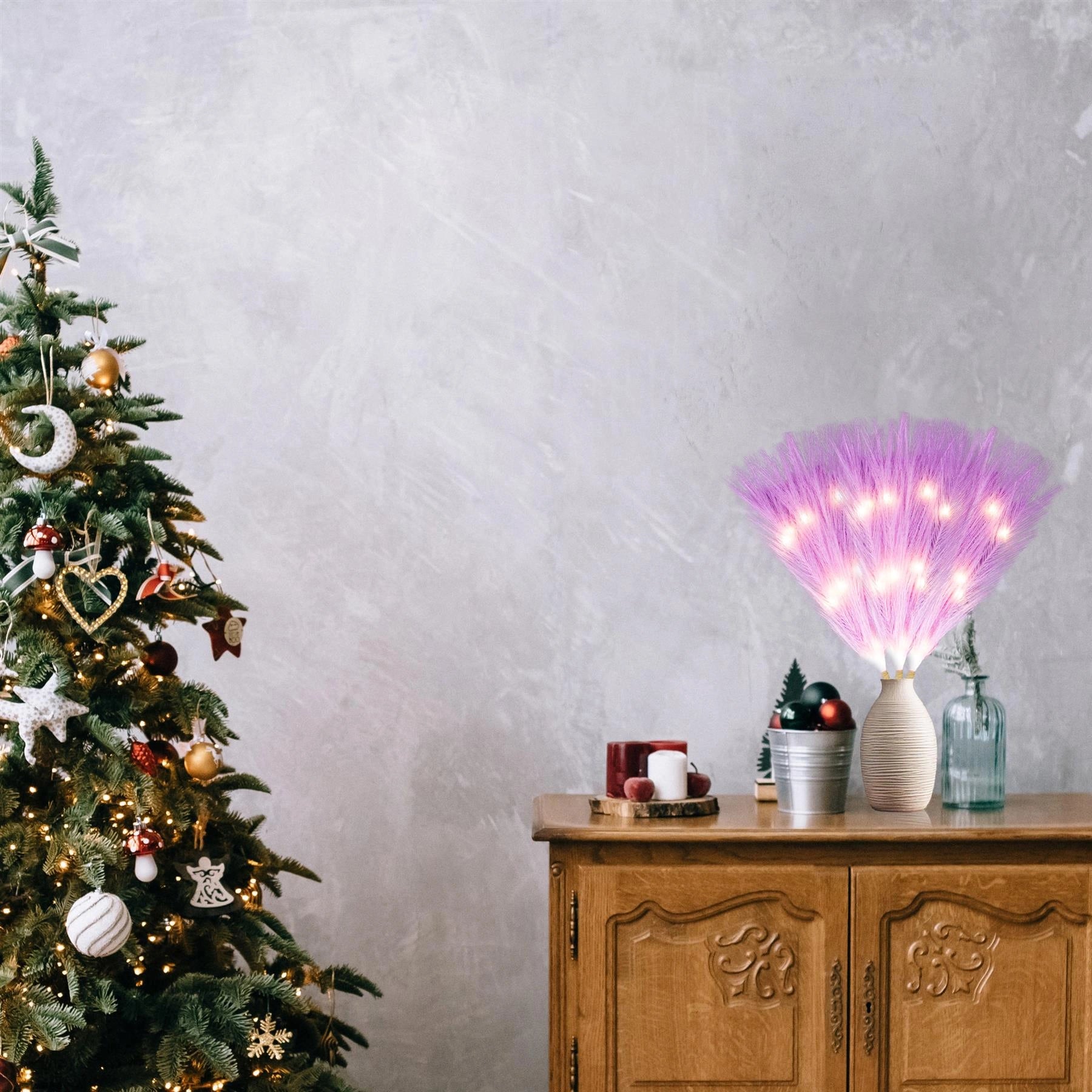 2Pcs 45Cm B/O Pampas Grass Purple W/ 15 Ww Leds