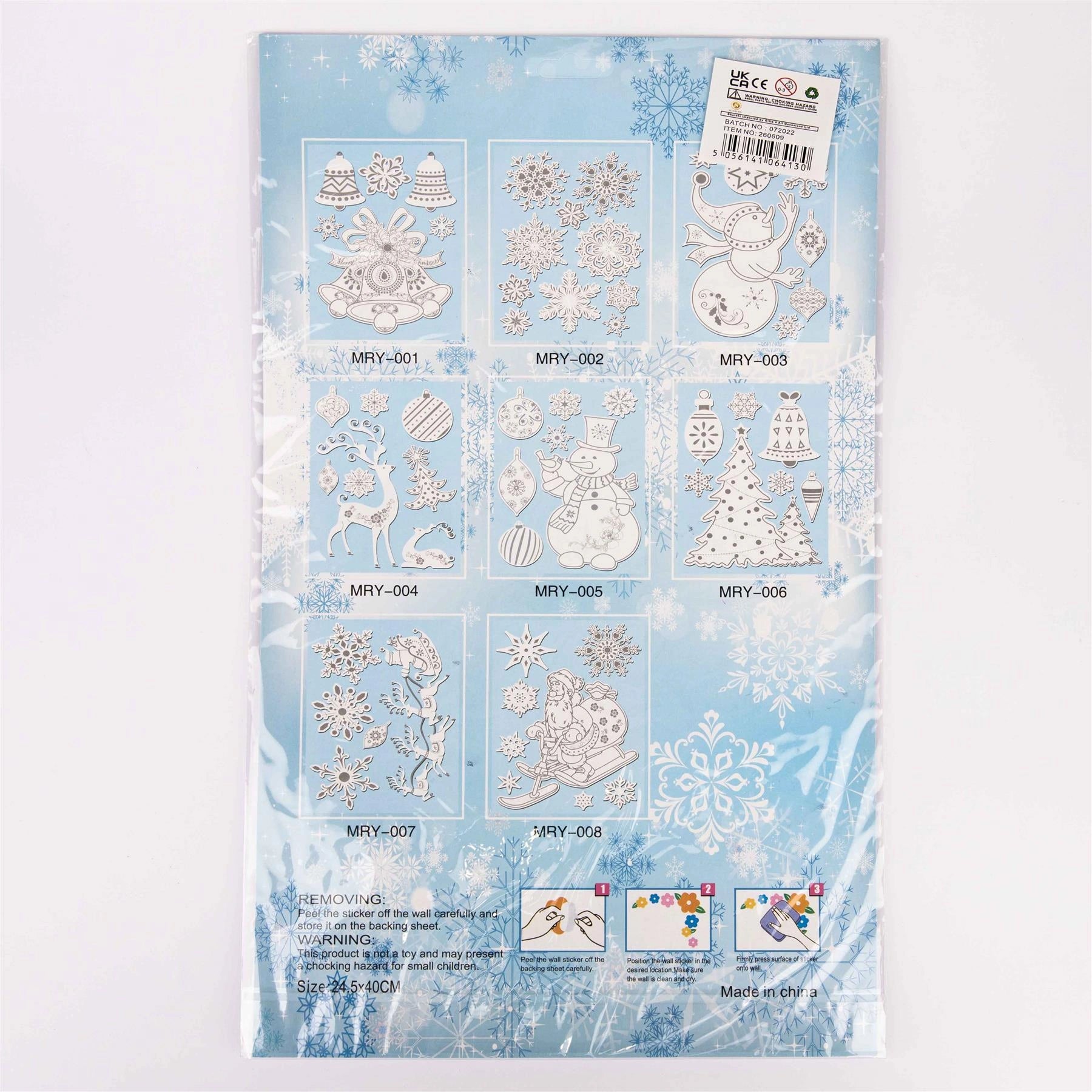 8 Christmas Window Stickers 3D Santa Snowflake Snowman Reusable Decal Xmas Decor