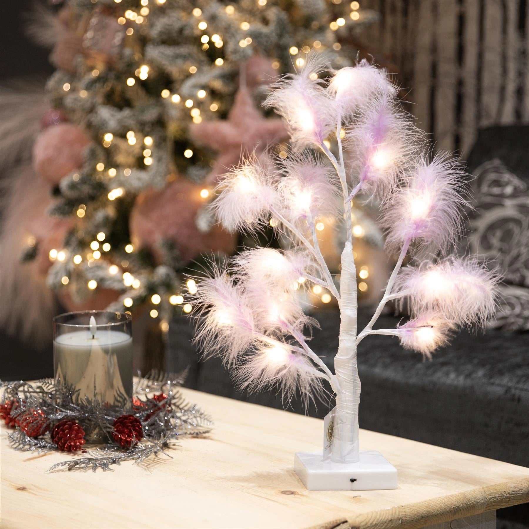 55cm Pampas Purple Feather Tree Pre-Lit Table Lamp B/O LED Christmas Decor 1PC