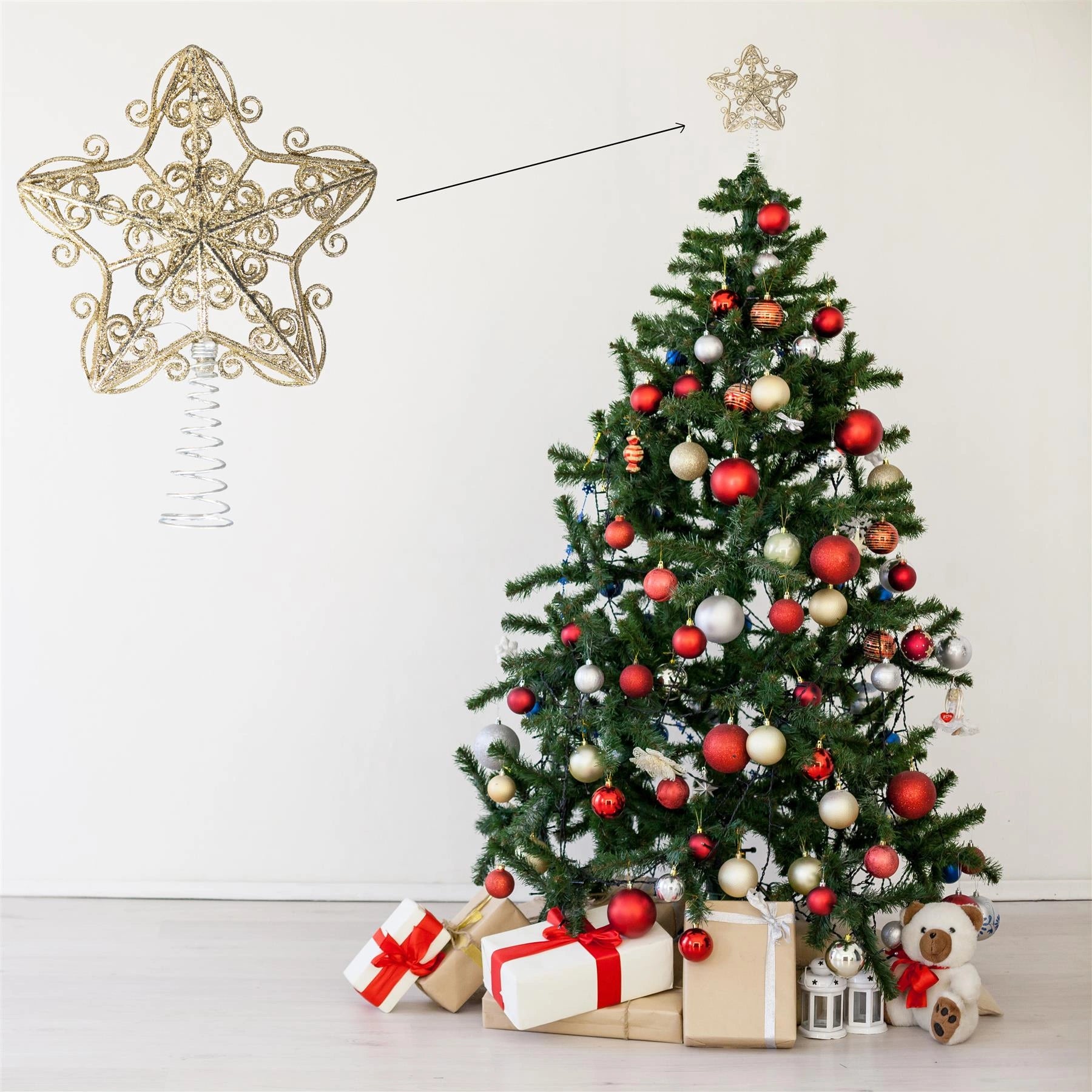 Christmas Star Tree Topper Gold Glitter Crown Xmas Tree Ornaments Decor 14.5cm