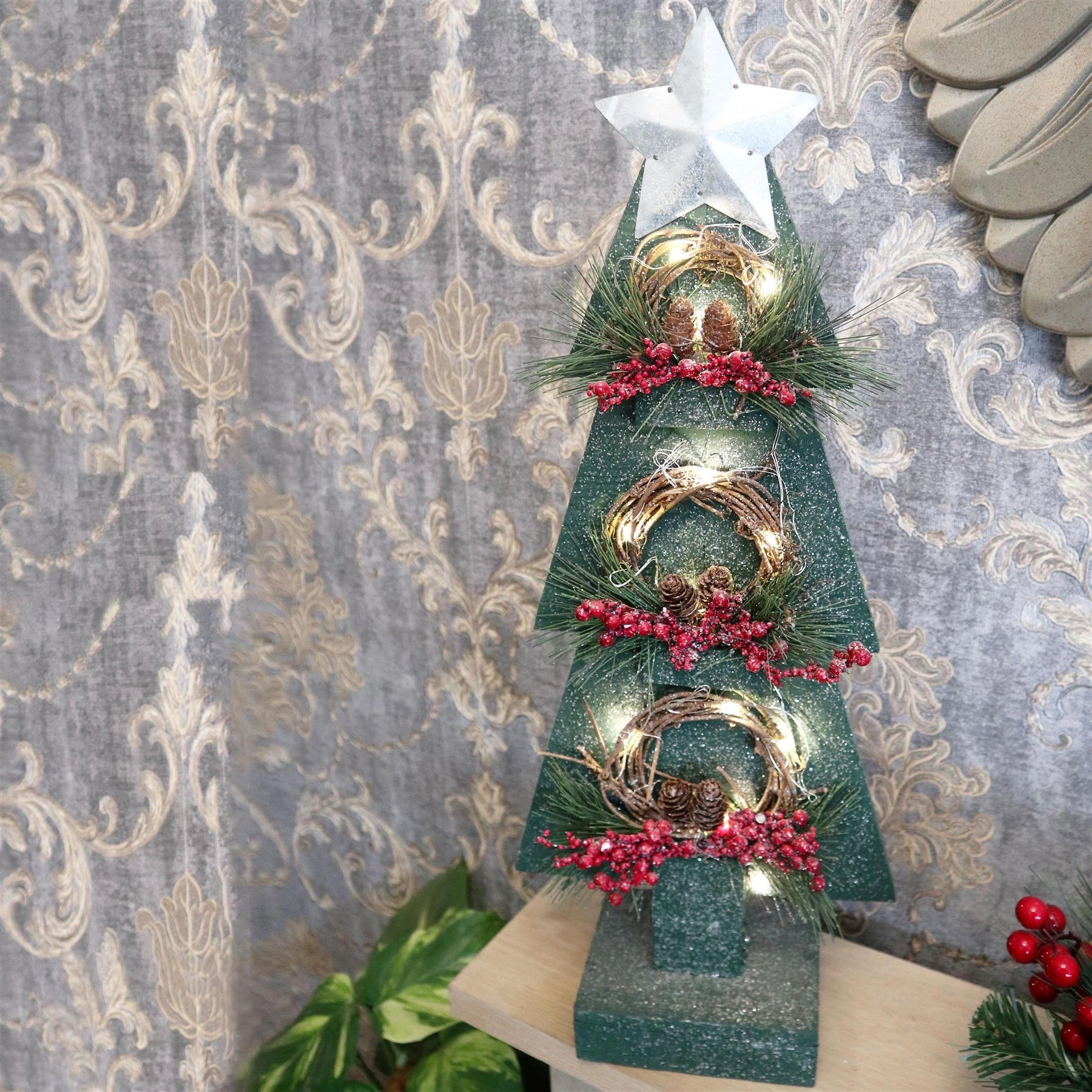 Christmas Home Table Decoration Battery Operated Green Wooden Tree Ornament Xmas