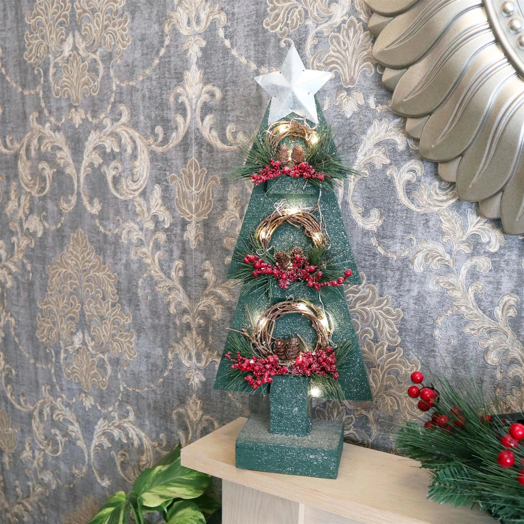 Green Wooden Tree With Warm White Bulbs 25X10X80H