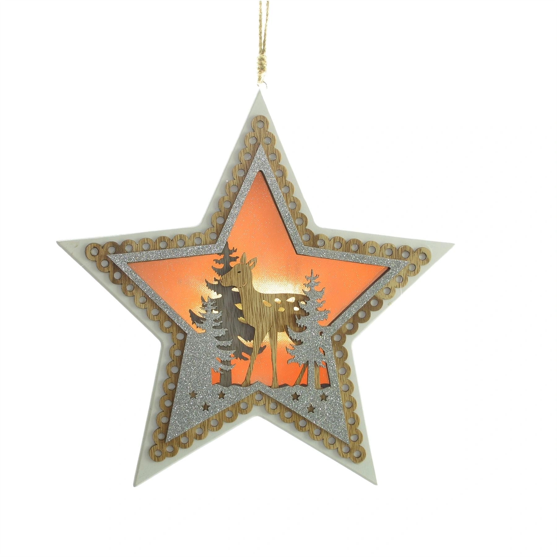 Led Star Hanging Decorations With Reindeer Wooden Carved Xmas Decorations 32X31Cm