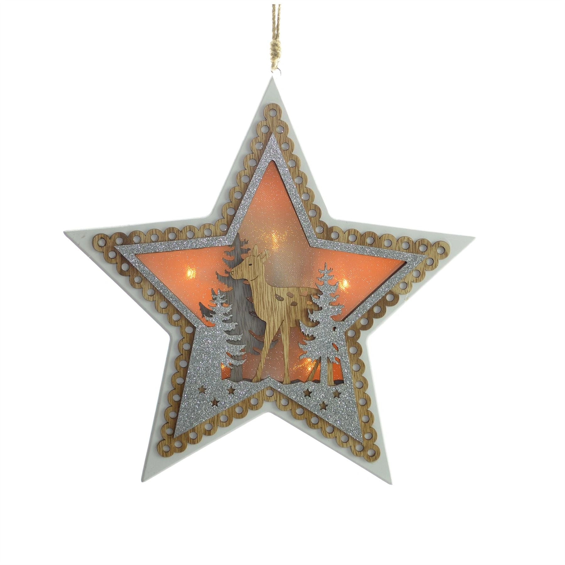 Led Star Hanging Decorations With Reindeer Wooden Carved Xmas Decorations 32X31Cm