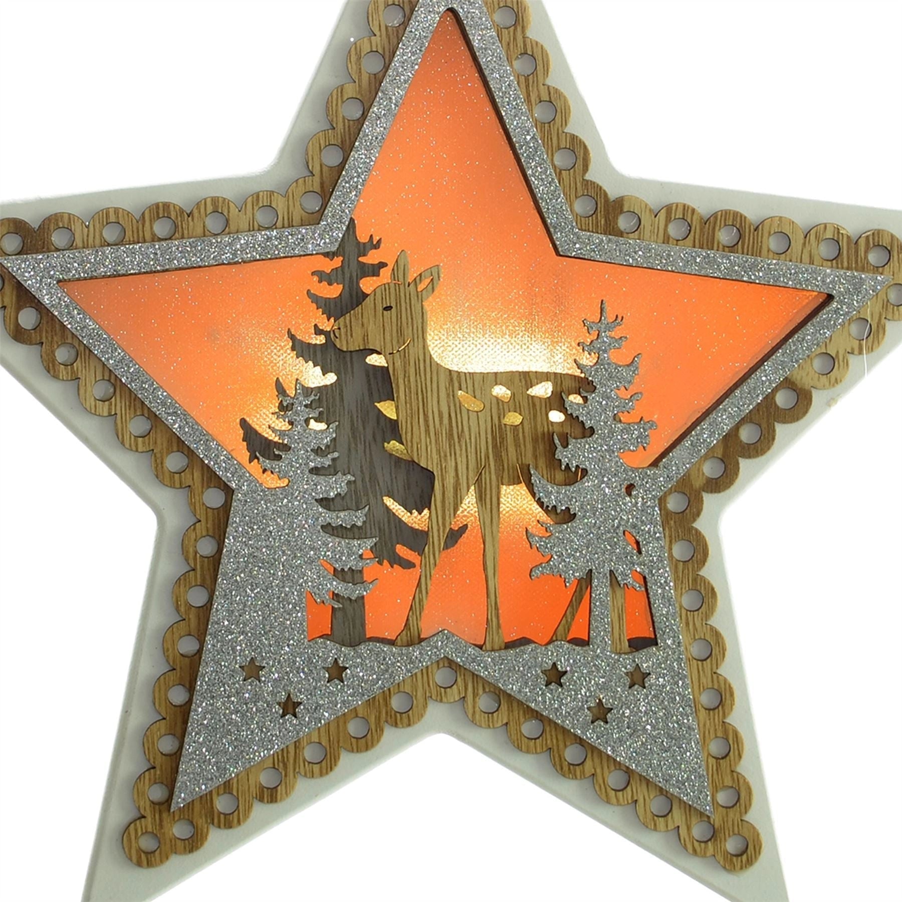 Led Star Hanging Decorations With Reindeer Wooden Carved Xmas Decorations 32X31Cm