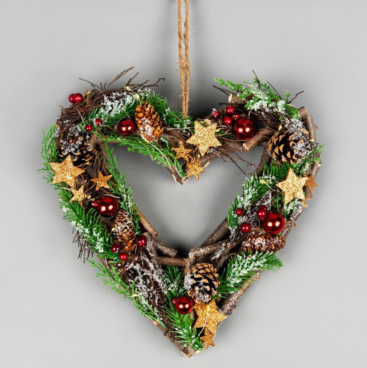 30cm Christmas Wreath Heart LED Red Baubles Stars Wooden Twig Hanging Xmas Decor