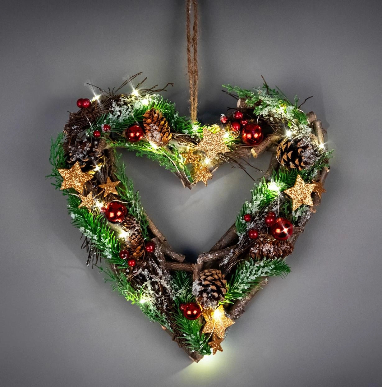30cm Christmas Wreath Heart LED Red Baubles Stars Wooden Twig Hanging Xmas Decor