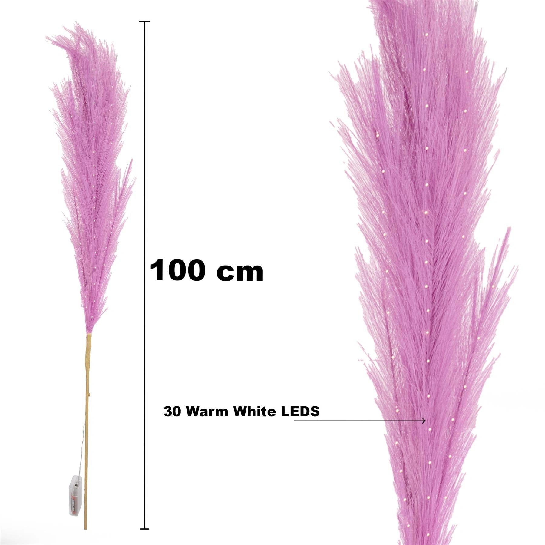 2PCS Pampas Grass Stems Feather Christmas Table Decor Pre-Lit LED B/O Pink 100cm