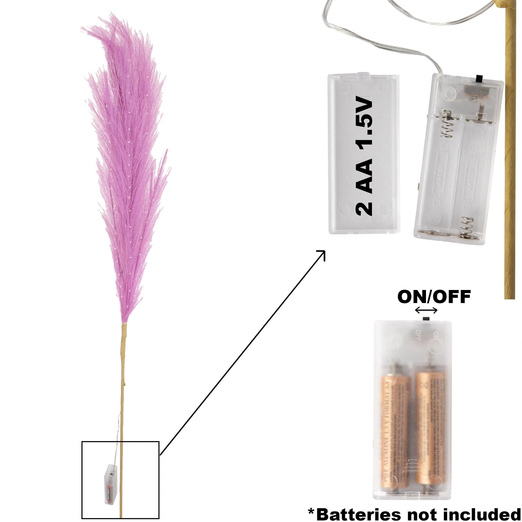 2PCS Pampas Grass Stems Feather Christmas Table Decor Pre-Lit LED B/O Pink 100cm