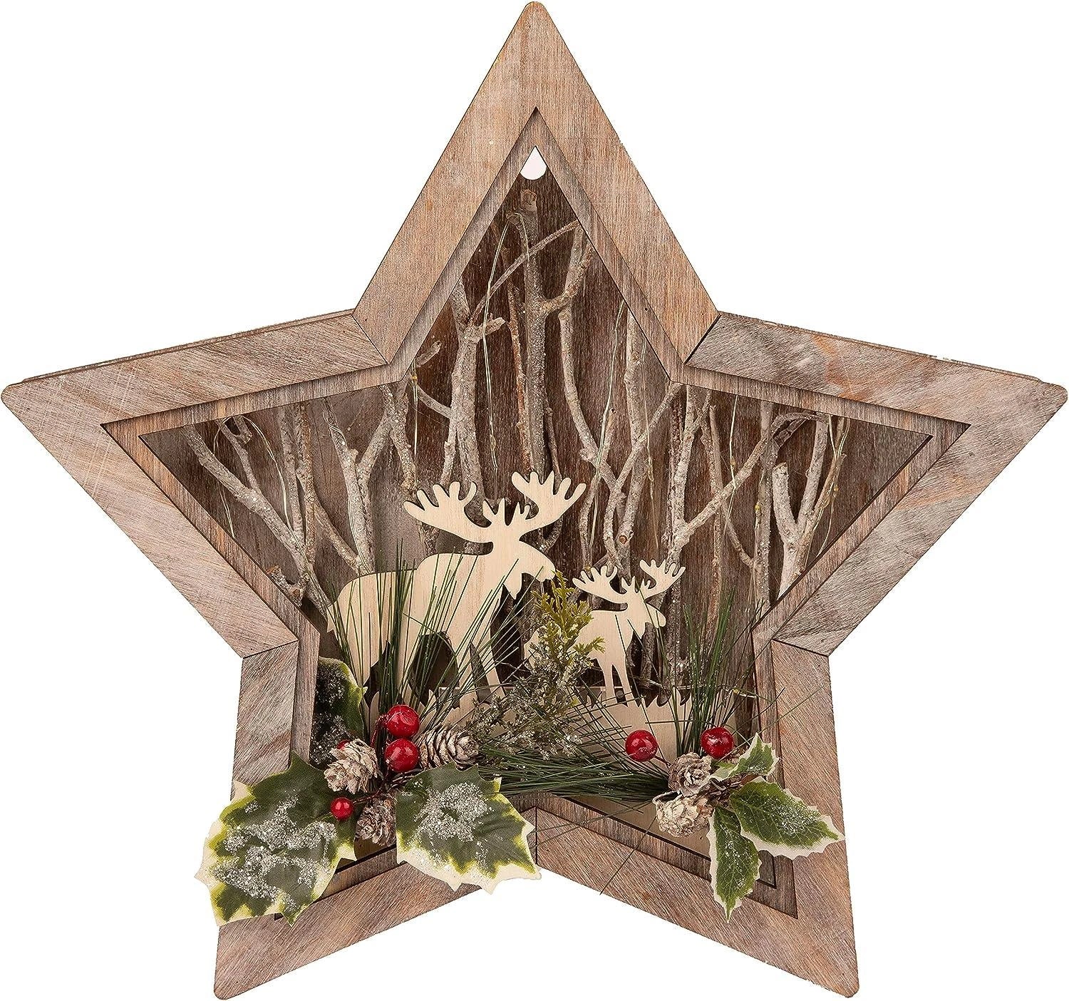 Wooden Reindeer Scene LED Christmas Tabletop Star Frame 38cm B/O Xmas Home Decor