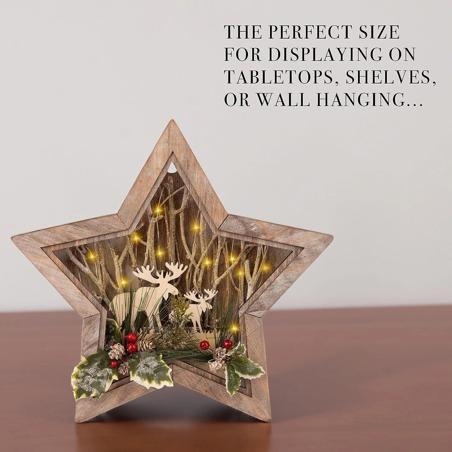 Wooden Reindeer Scene LED Christmas Tabletop Star Frame 38cm B/O Xmas Home Decor