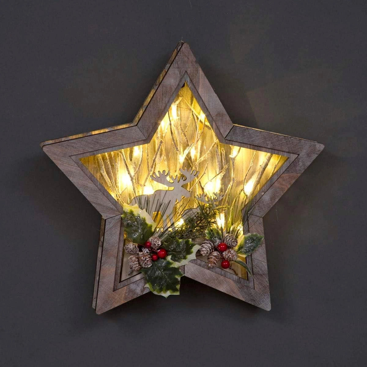 B/O Led Wooden Reindeer Scene - Star Shape - W38Xd6Xh38Cm
