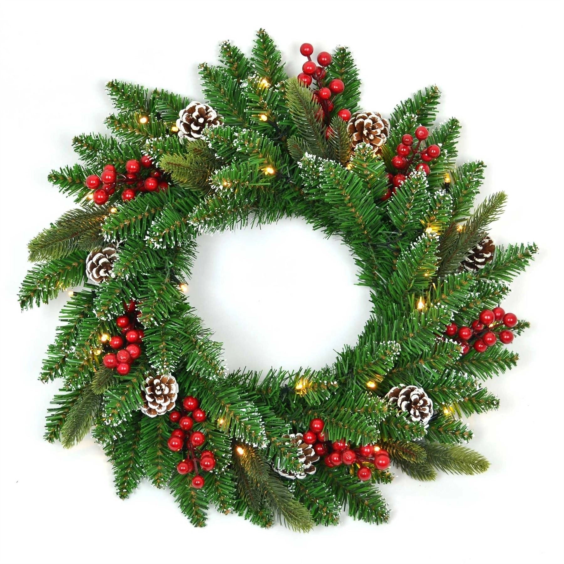 Pre Lit Christmas Wreath Artificial Berry Frosted Pine Cone Wall Door XMAS Decor