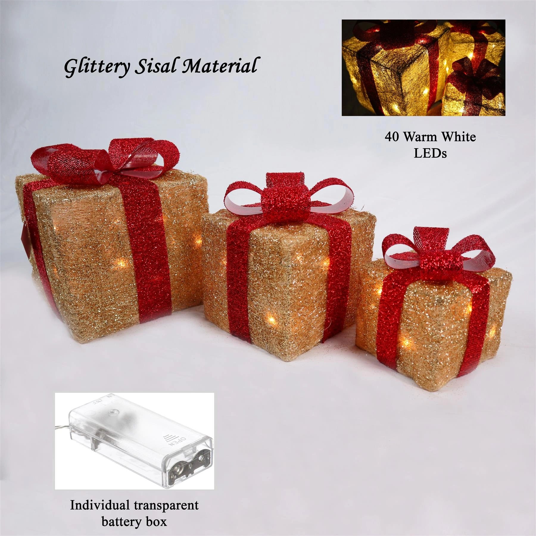LED Christmas Parcel Light Up Gift Boxes Set Of 3 Xmas Indoor Festive Home Decor