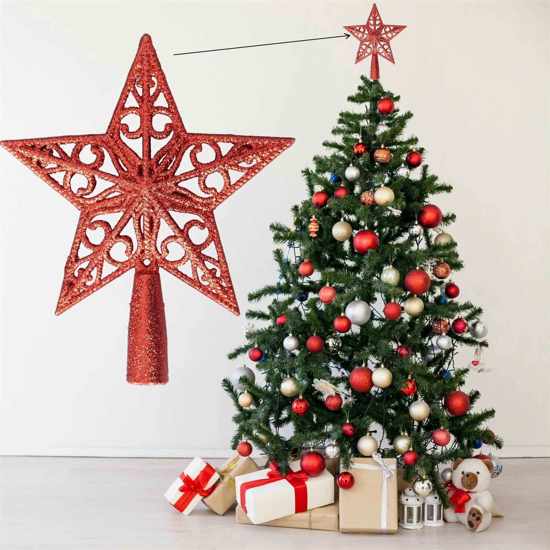 14.5cm Christmas Star Tree Topper Red Glitter Crown Xmas Tree Ornaments Decor