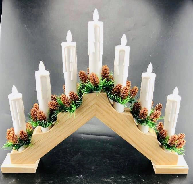 Wooden Real Wax Candle Bridge Flickering Light 7 Bulb Window Xmas Christmas Decoration