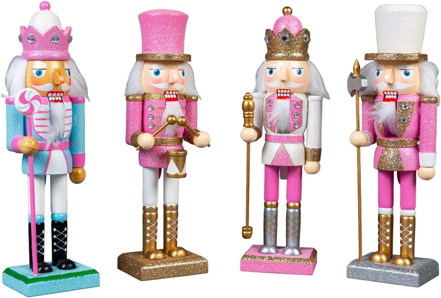 4pcs Pink Nutcrackers Christmas Wooden Ornaments Figurines 25cm Xmas Home Decor