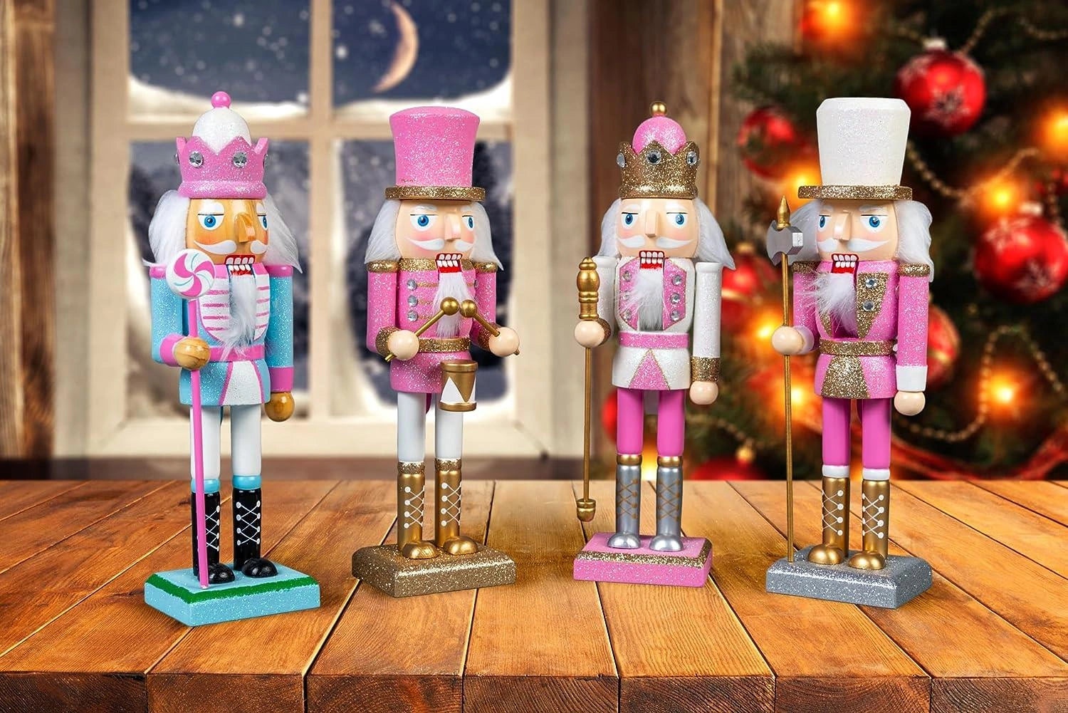 4pcs Pink Nutcrackers Christmas Wooden Ornaments Figurines 25cm Xmas Home Decor